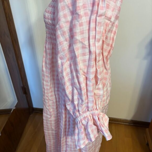 SLEEPER Of the Shoulder Midi Pink Gingham Dress - Pink/White - size Large - Picture 10 of 16